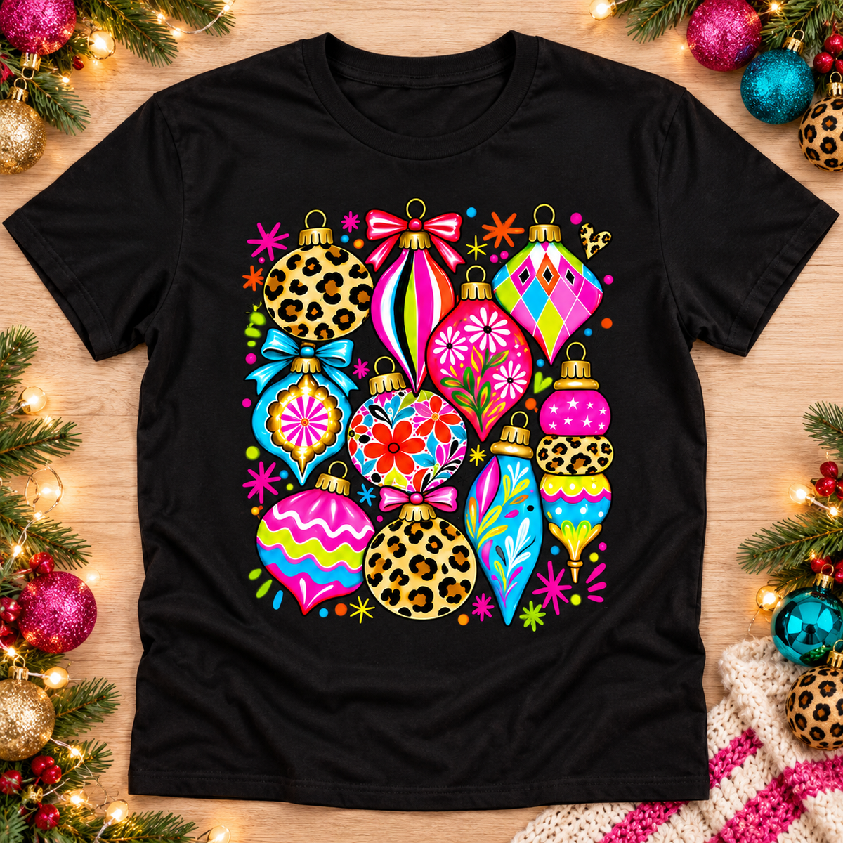 Retro Christmas Ornaments Graphic Tee – Colorful Holiday Shirt