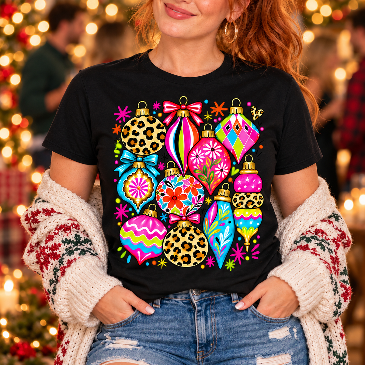 Retro Christmas Ornaments Graphic Tee – Colorful Holiday Shirt