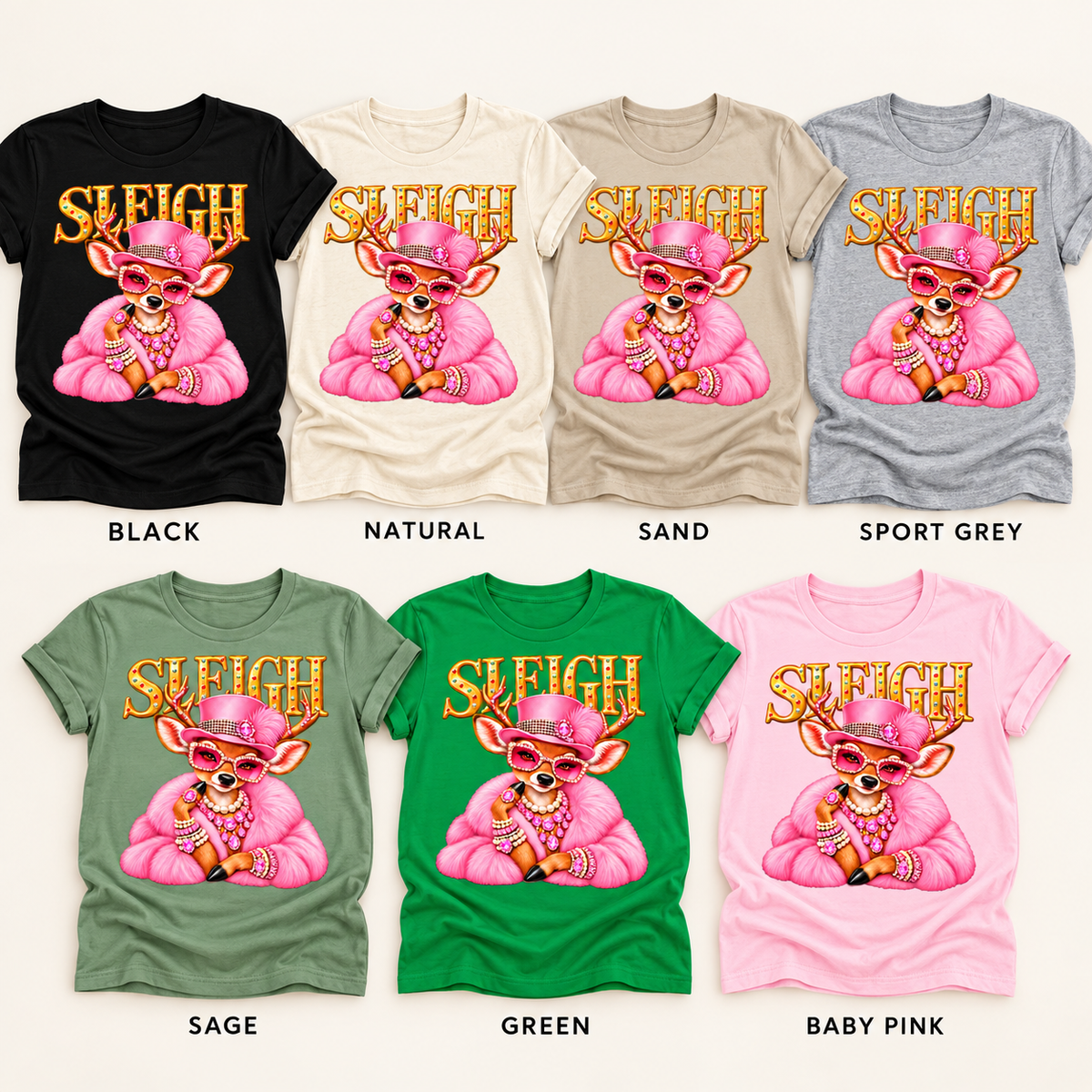 Sleigh Christmas Tee – Pink Glam Reindeer Graphic Shirt