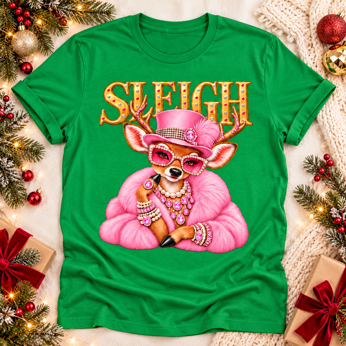 Sleigh Christmas Tee – Pink Glam Reindeer Graphic Shirt