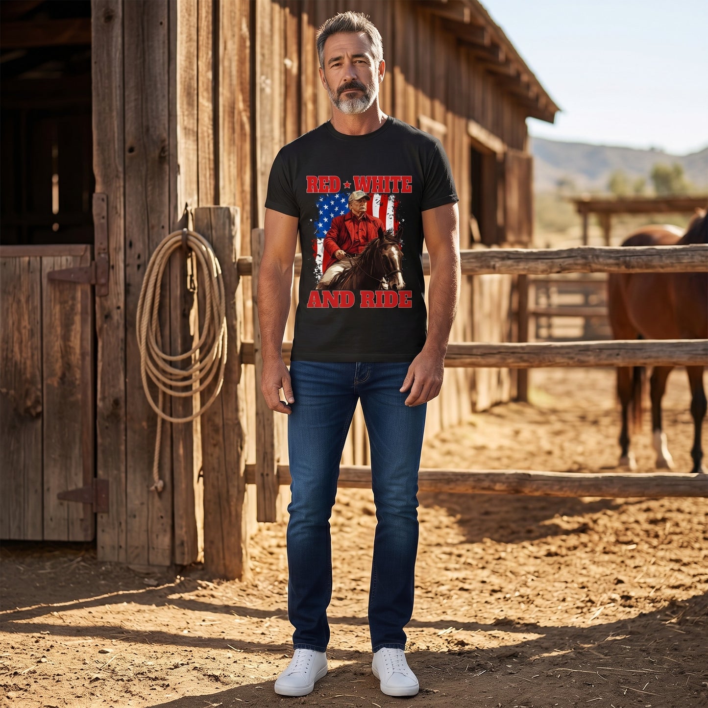 Red White and Ride Trump Horse Graphic Tee | Patriotic Western Cowboy T-Shirt