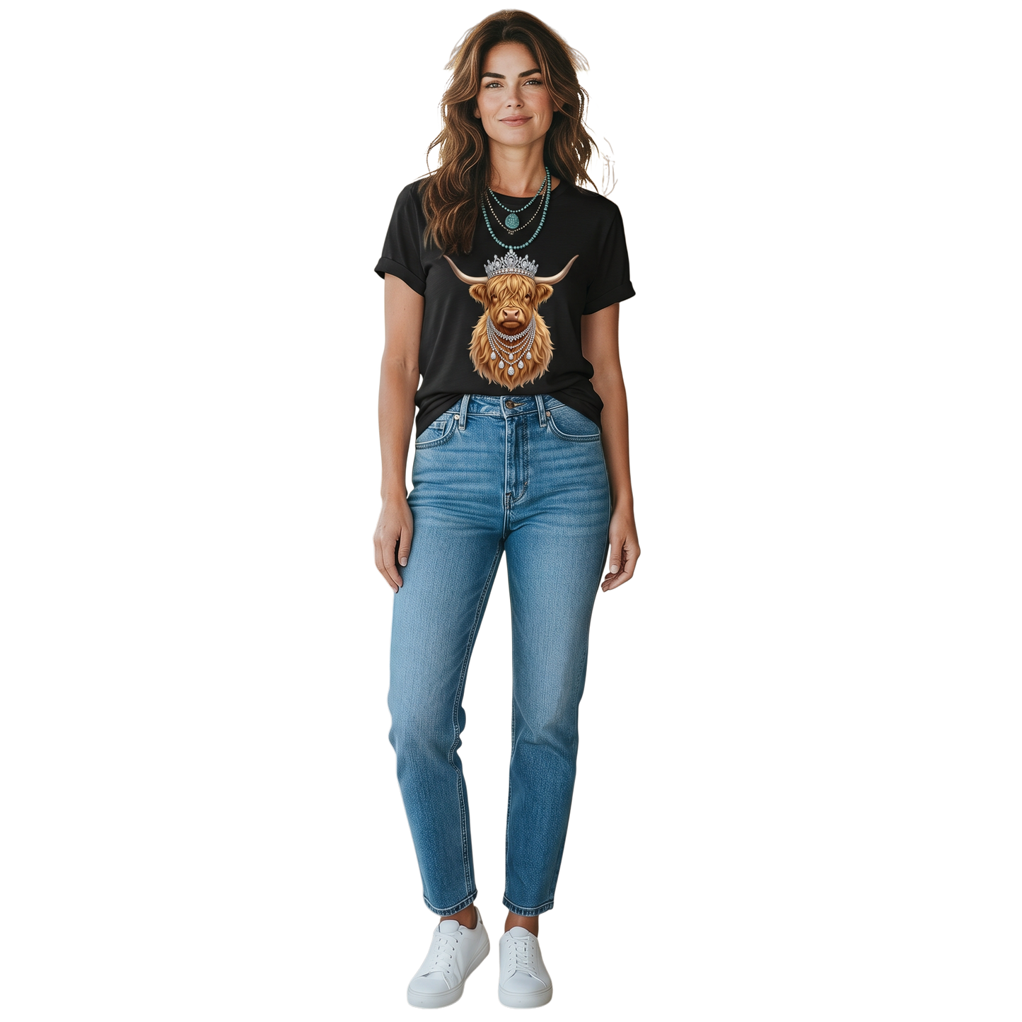 Highland Cow Graphic Tee | Western Cowgirl Shirt with Crown & Rhinestone Necklace