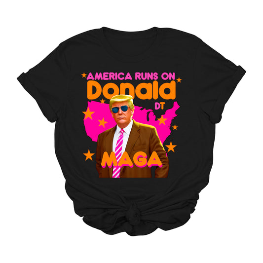 America Runs on Donald DT MAGA T-Shirt | Funny Trump Graphic Tee | Retro Political Conservative Shirt | Patriotic USA Tee for Supporters | Unisex Fit