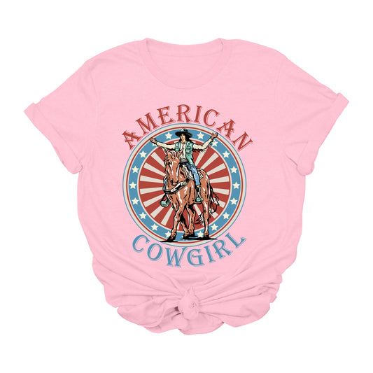American Cowgirl Graphic Tee – Patriotic Rodeo Shirt for 4th of July & Western Style