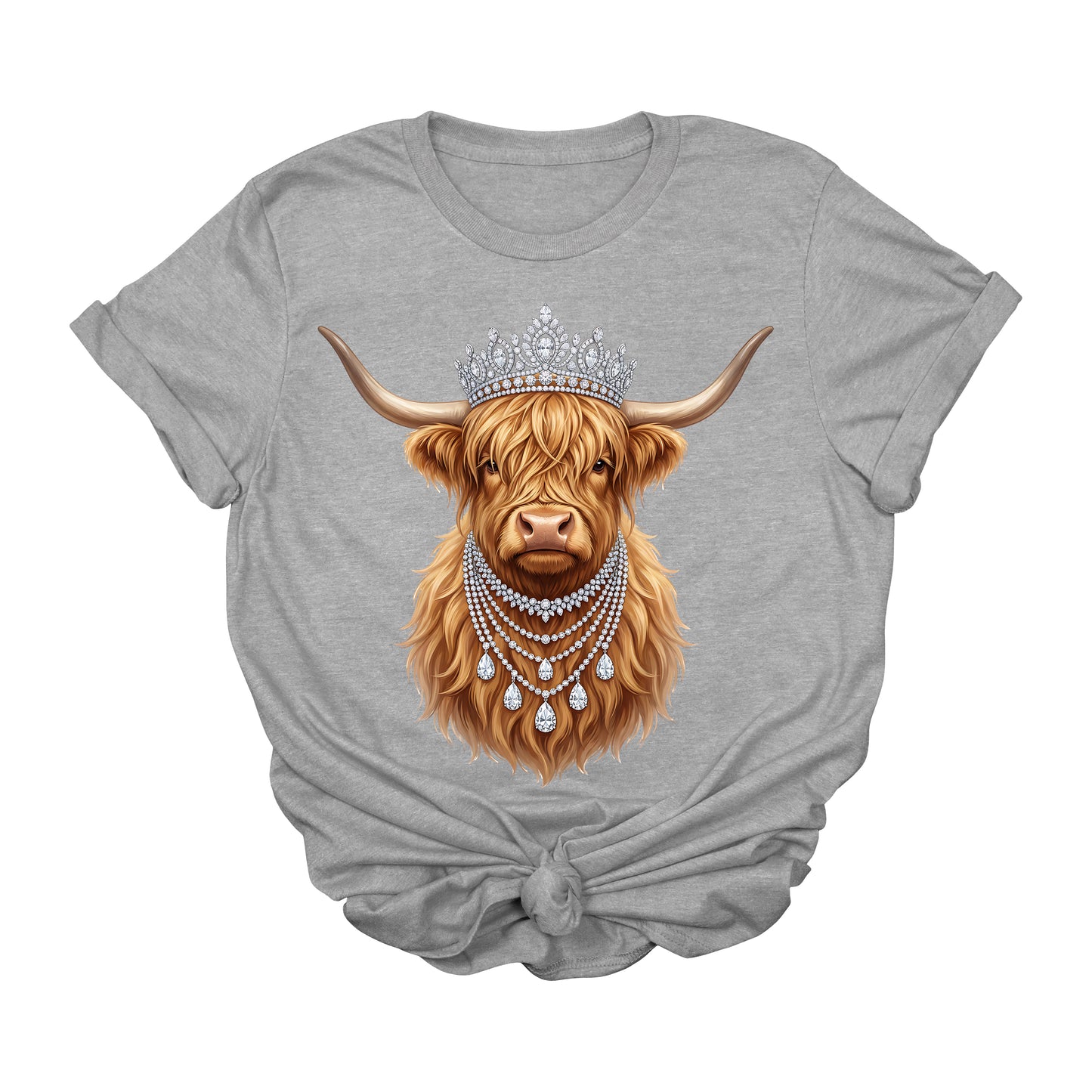 Highland Cow Graphic Tee | Western Cowgirl Shirt with Crown & Rhinestone Necklace