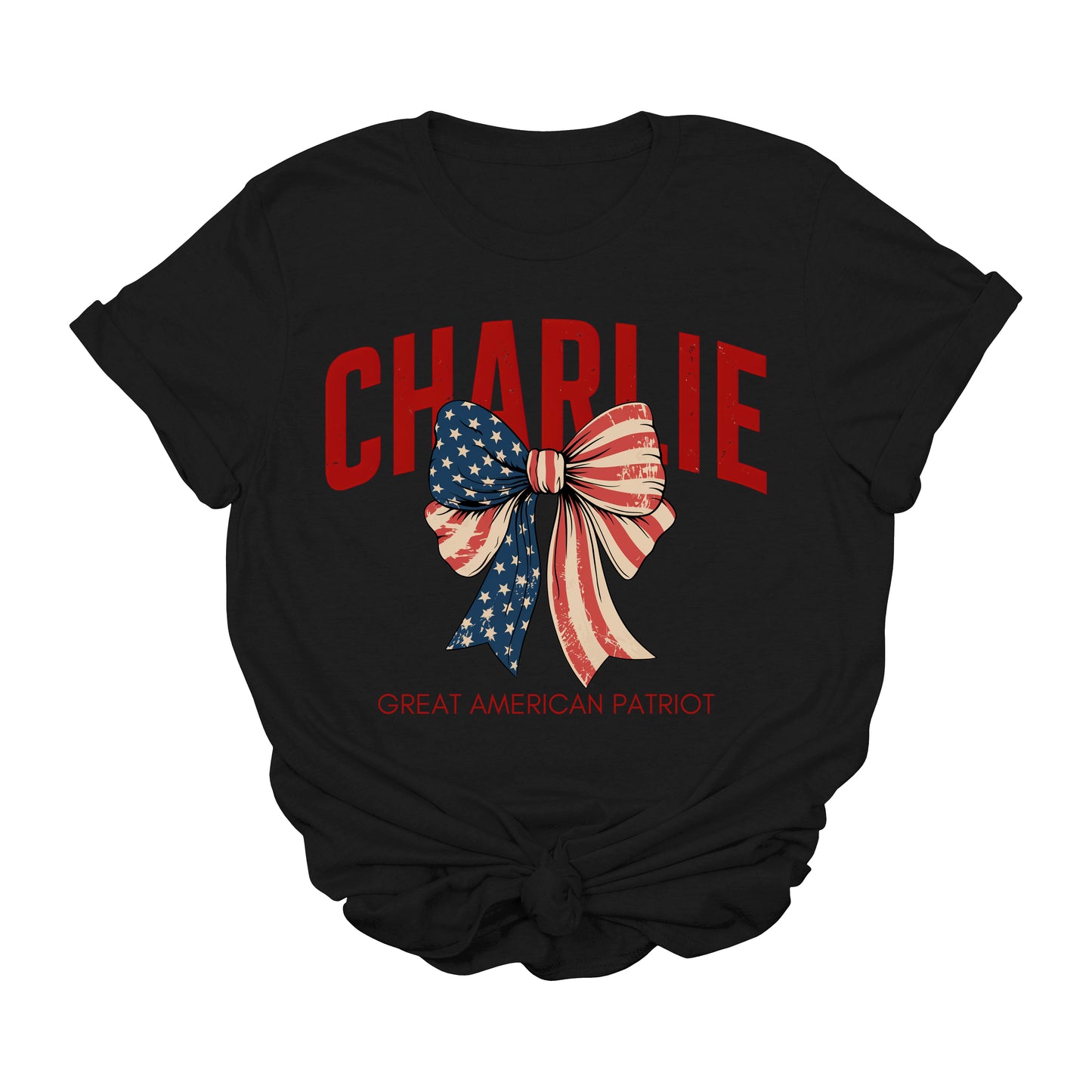 Charlie Kirk Great American Patriot T-Shirt – USA Flag Bow Graphic Tee