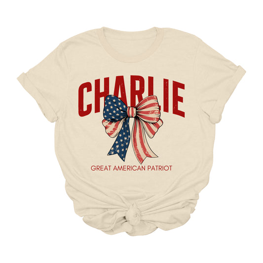 Charlie Kirk Great American Patriot T-Shirt – USA Flag Bow Graphic Tee