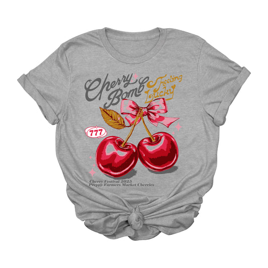 Cherry Bomb Graphic T-Shirt | Pink Retro Preppy Cherry Tee | Feelin' Lucky 777 Vintage Style Shirt | Cute Fruit Festival T-Shirt | Y2K Farmers Market Aesthetic Tee for Women | Kawaii Cherries Top