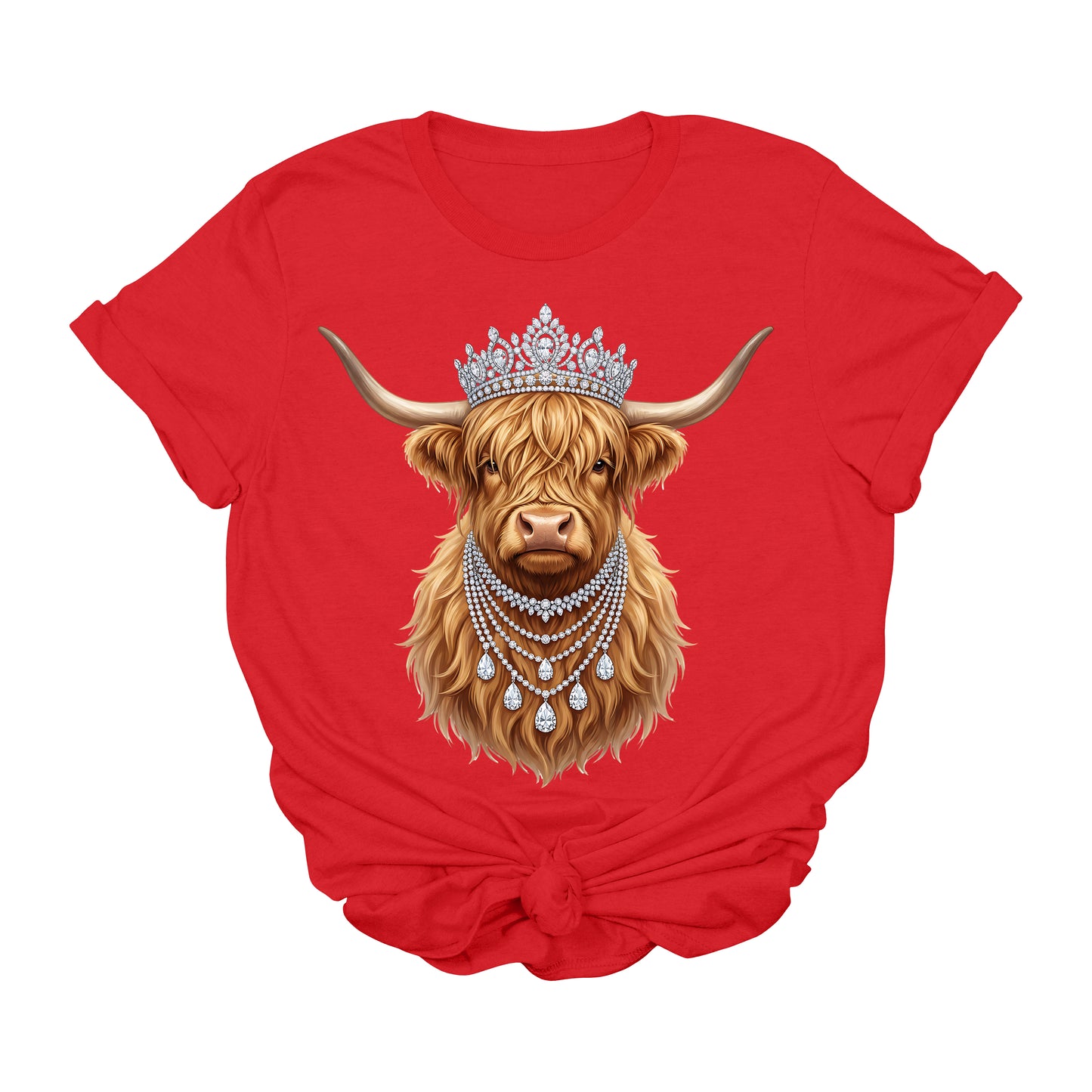 Highland Cow Graphic Tee | Western Cowgirl Shirt with Crown & Rhinestone Necklace