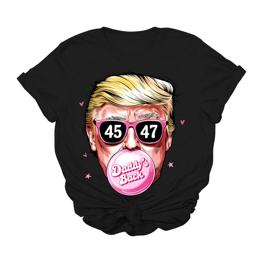 Daddy’s Back Bubblegum Trump T-Shirt | 45 & 47 Sunglasses Graphic Tee | Funny Pink MAGA Shirt | Conservative Pop Art Political Tee | Patriotic USA Apparel