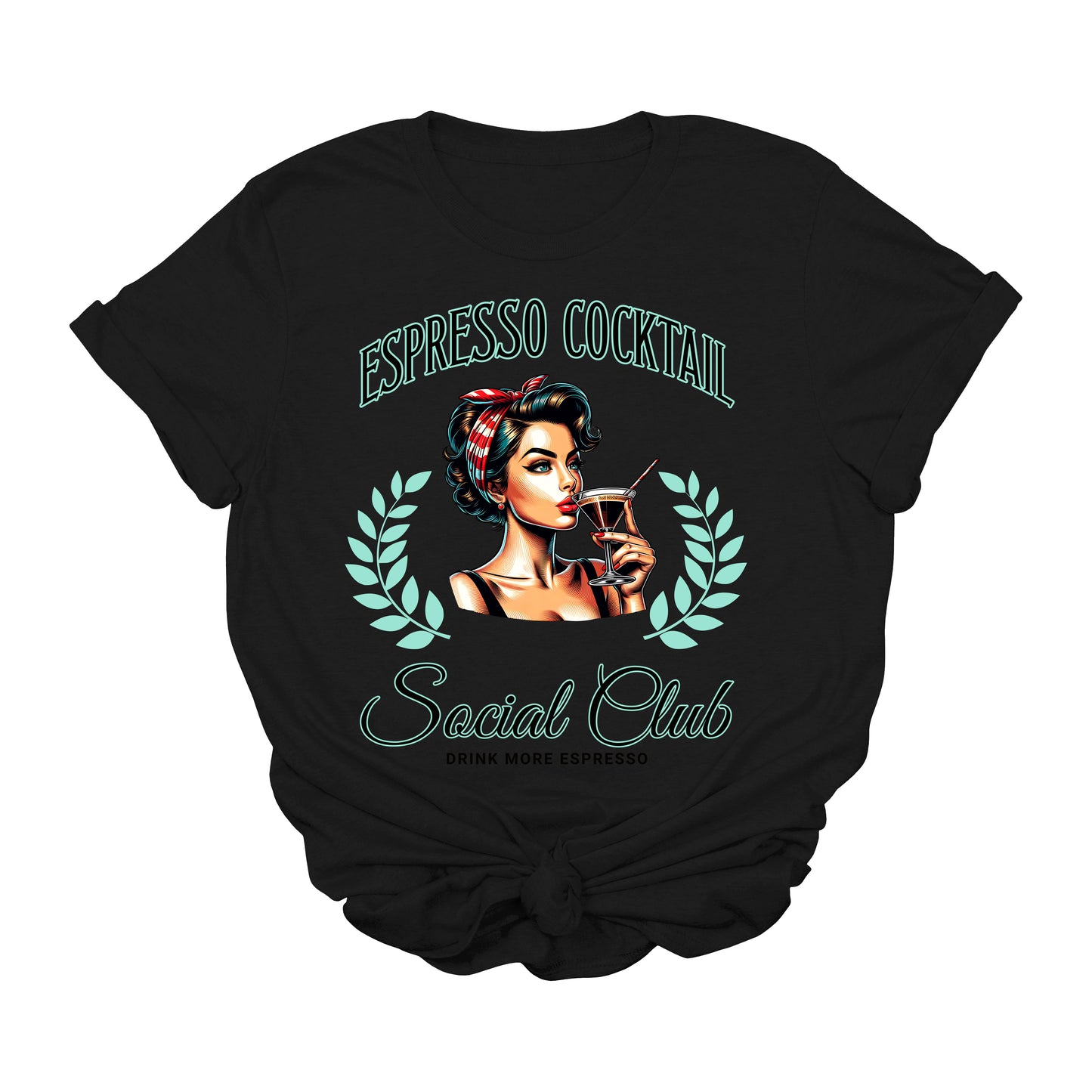 Espresso Cocktail Graphic T-Shirt | Vintage Social Club Coffee Tee | Retro Pin-Up Girl Barista Shirt | Funny Espresso Martini T-Shirt | Caffeine Lover Graphic Tee | Brunch Babe Aesthetic Shirt
