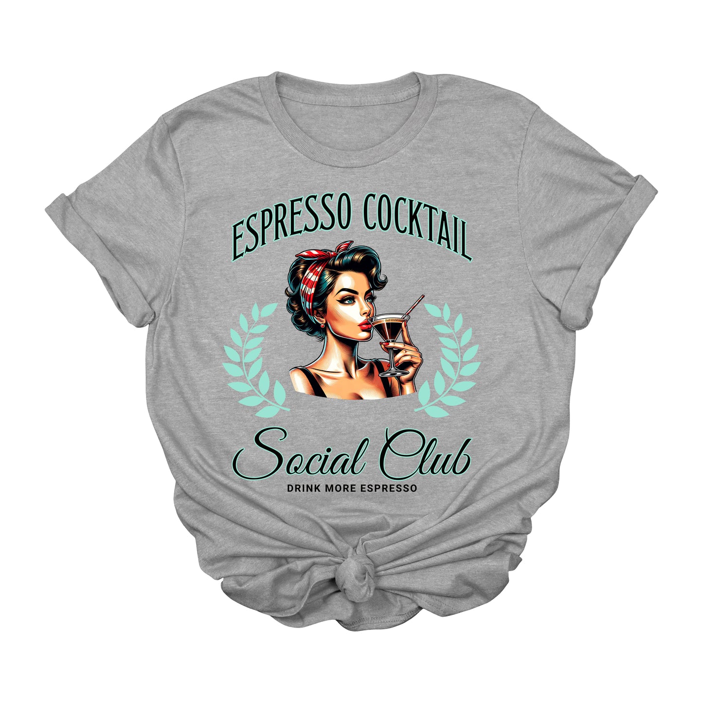 Espresso Cocktail Graphic T-Shirt | Vintage Social Club Coffee Tee | Retro Pin-Up Girl Barista Shirt | Funny Espresso Martini T-Shirt | Caffeine Lover Graphic Tee | Brunch Babe Aesthetic Shirt
