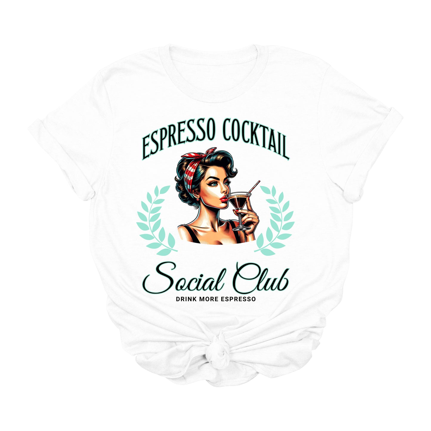 Espresso Cocktail Graphic T-Shirt | Vintage Social Club Coffee Tee | Retro Pin-Up Girl Barista Shirt | Funny Espresso Martini T-Shirt | Caffeine Lover Graphic Tee | Brunch Babe Aesthetic Shirt