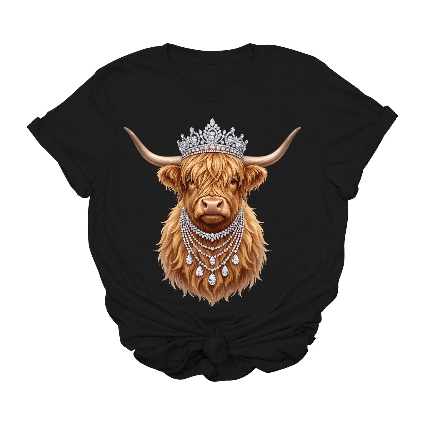 Highland Cow Graphic Tee | Western Cowgirl Shirt with Crown & Rhinestone Necklace