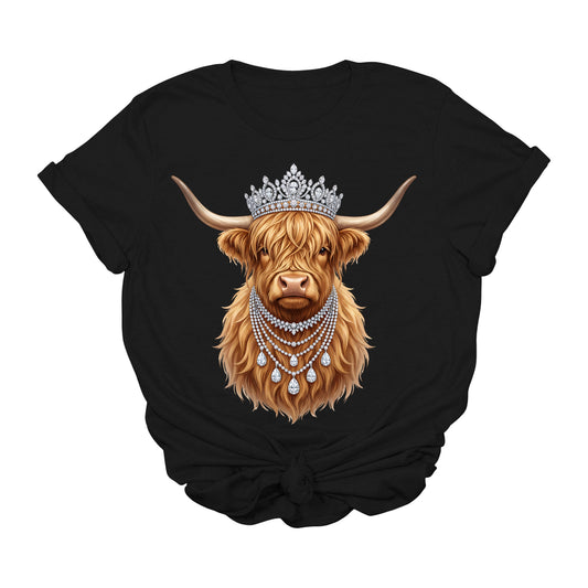 Highland Cow Graphic Tee | Western Cowgirl Shirt with Crown & Rhinestone Necklace