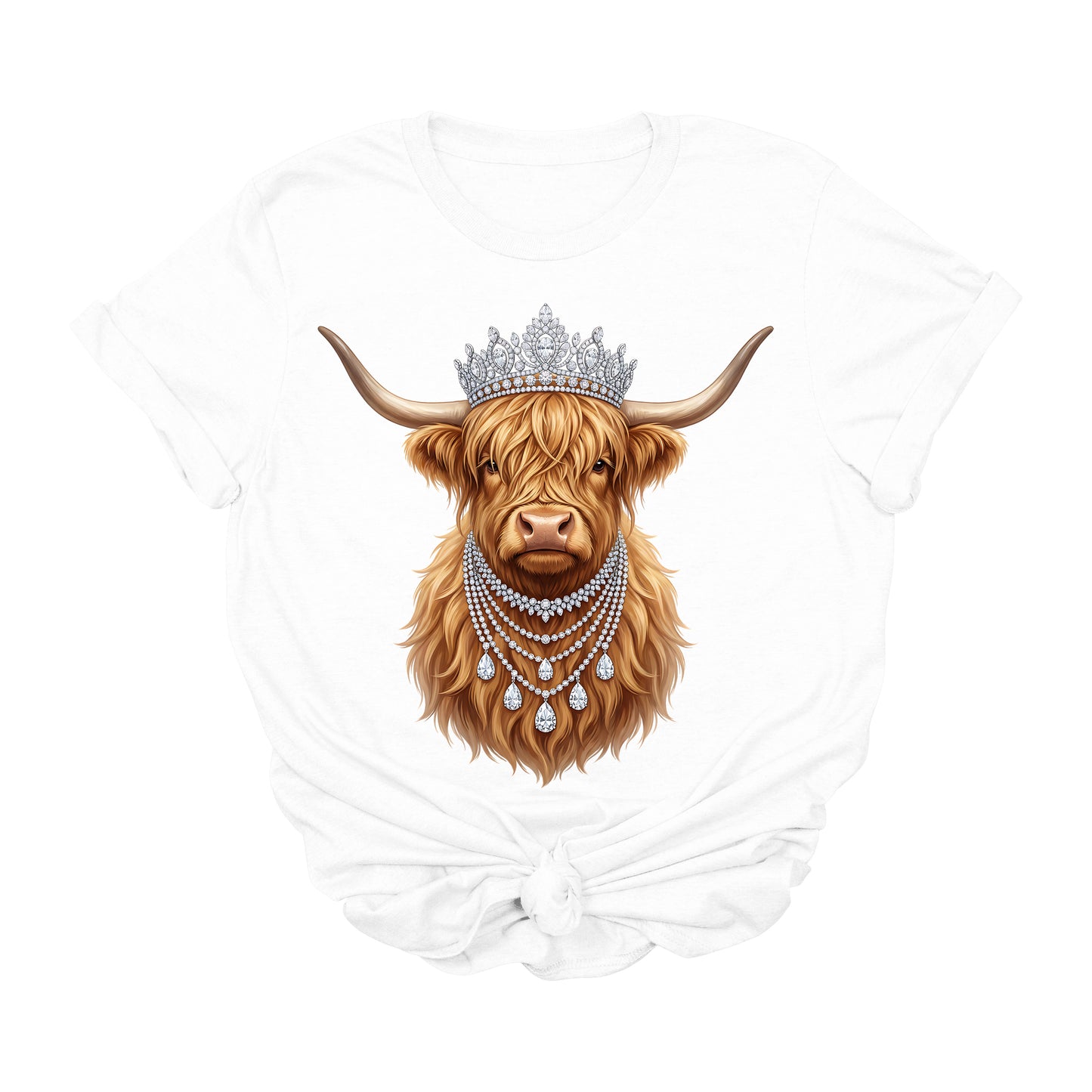 Highland Cow Graphic Tee | Western Cowgirl Shirt with Crown & Rhinestone Necklace