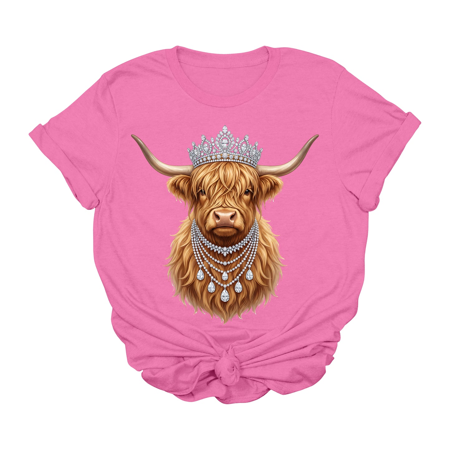 Highland Cow Graphic Tee | Western Cowgirl Shirt with Crown & Rhinestone Necklace