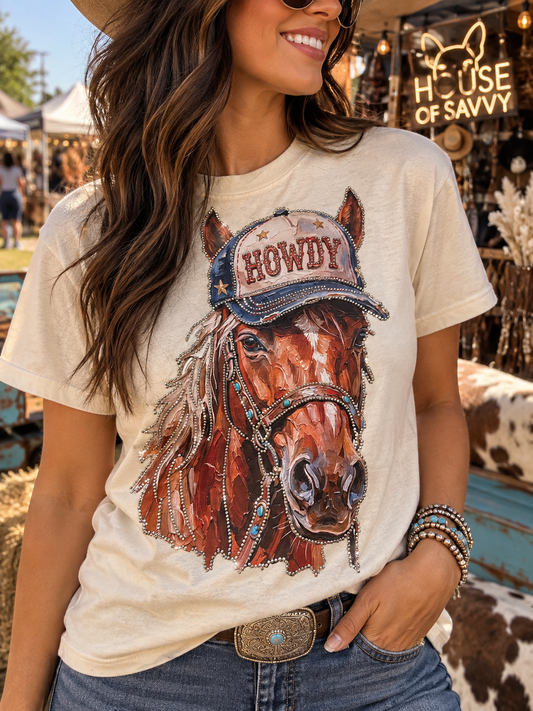 Howdy Horse Crystal Rhinestone Western Graphic Tee