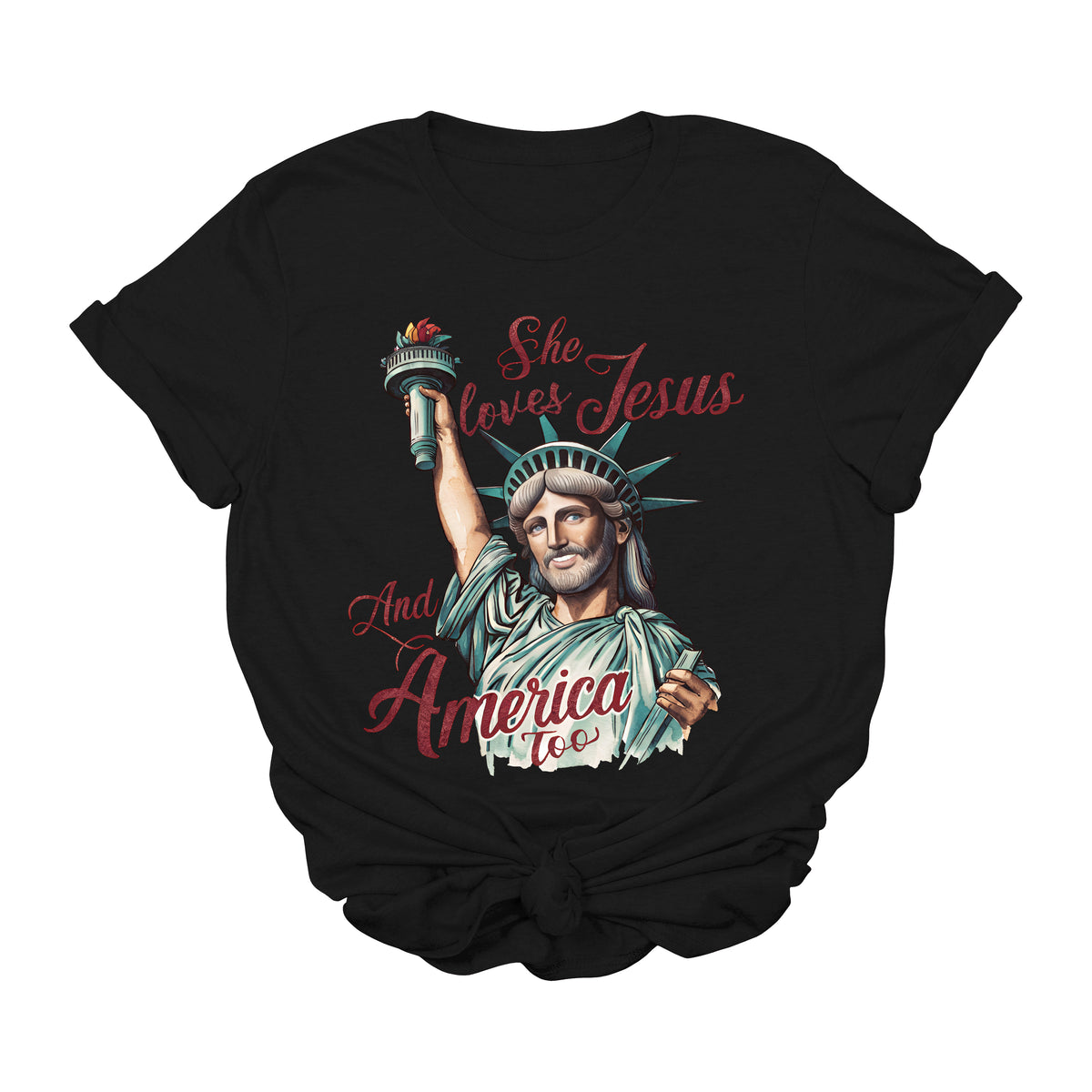 She Loves Jesus and America Too Graphic Tee | Patriotic Christian USA Shirt