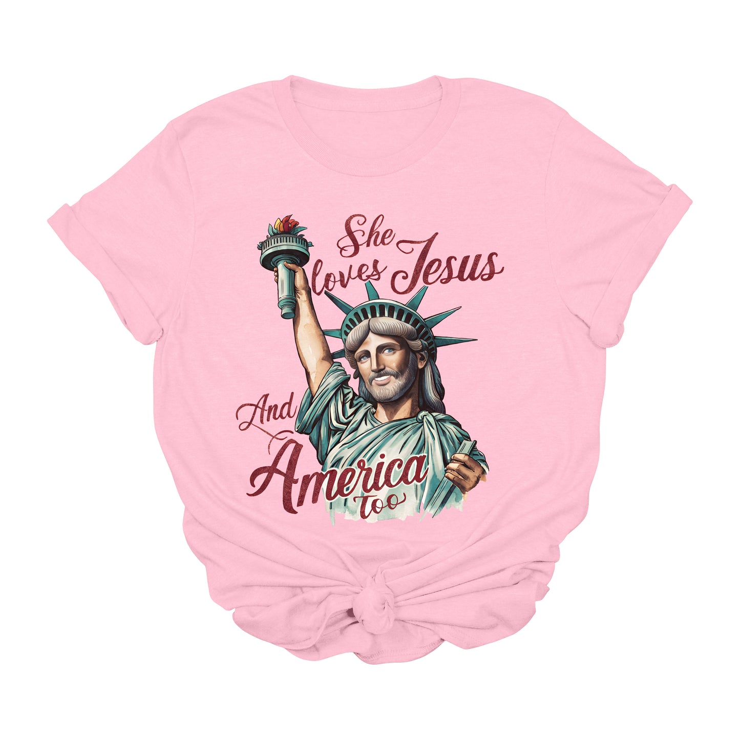She Loves Jesus and America Too Graphic Tee | Patriotic Christian USA Shirt