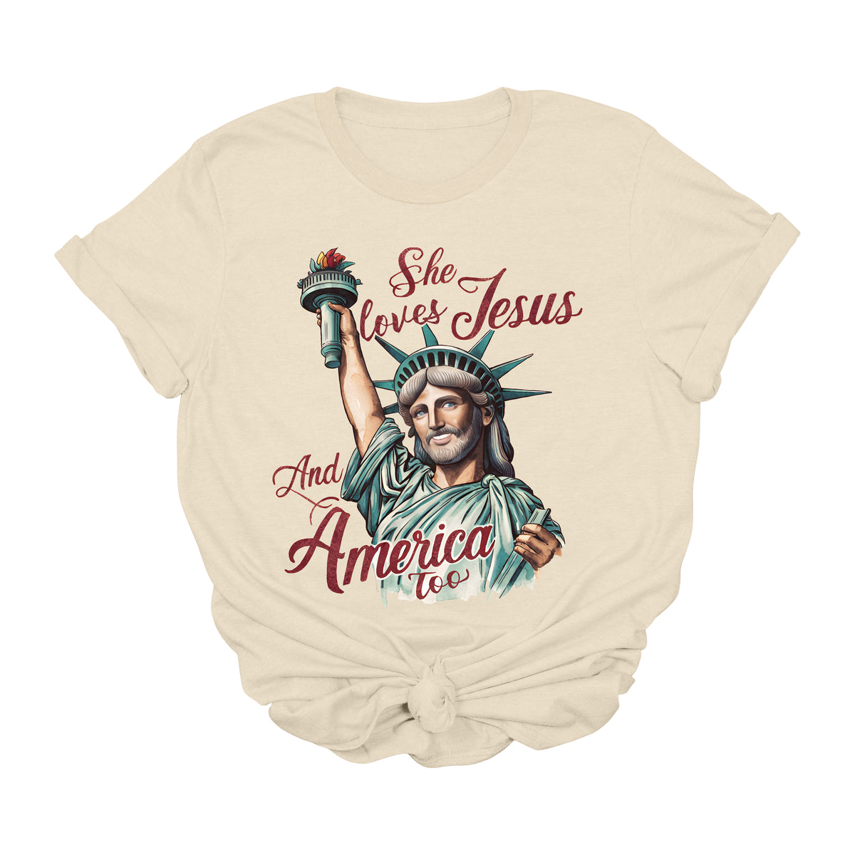 She Loves Jesus and America Too Graphic Tee | Patriotic Christian USA Shirt