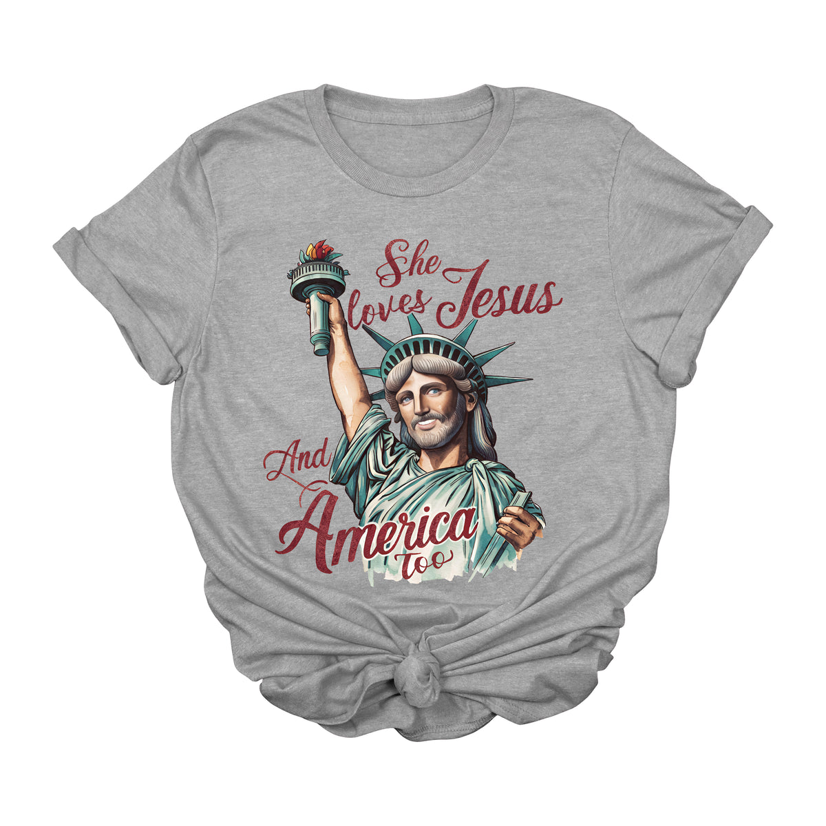 She Loves Jesus and America Too Graphic Tee | Patriotic Christian USA Shirt