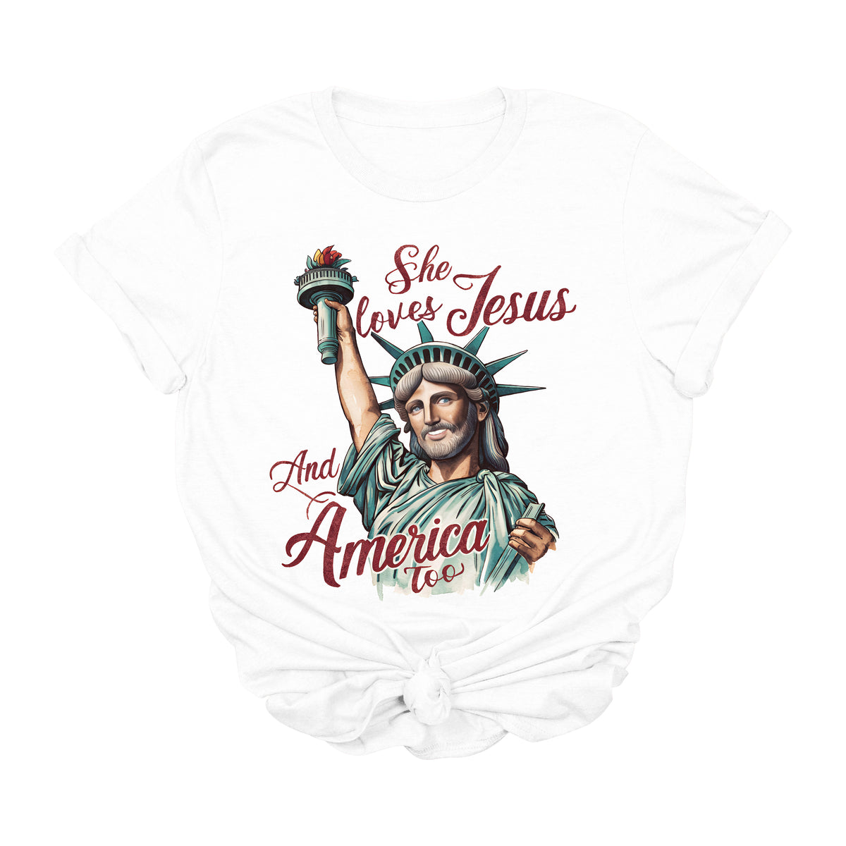 She Loves Jesus and America Too Graphic Tee | Patriotic Christian USA Shirt
