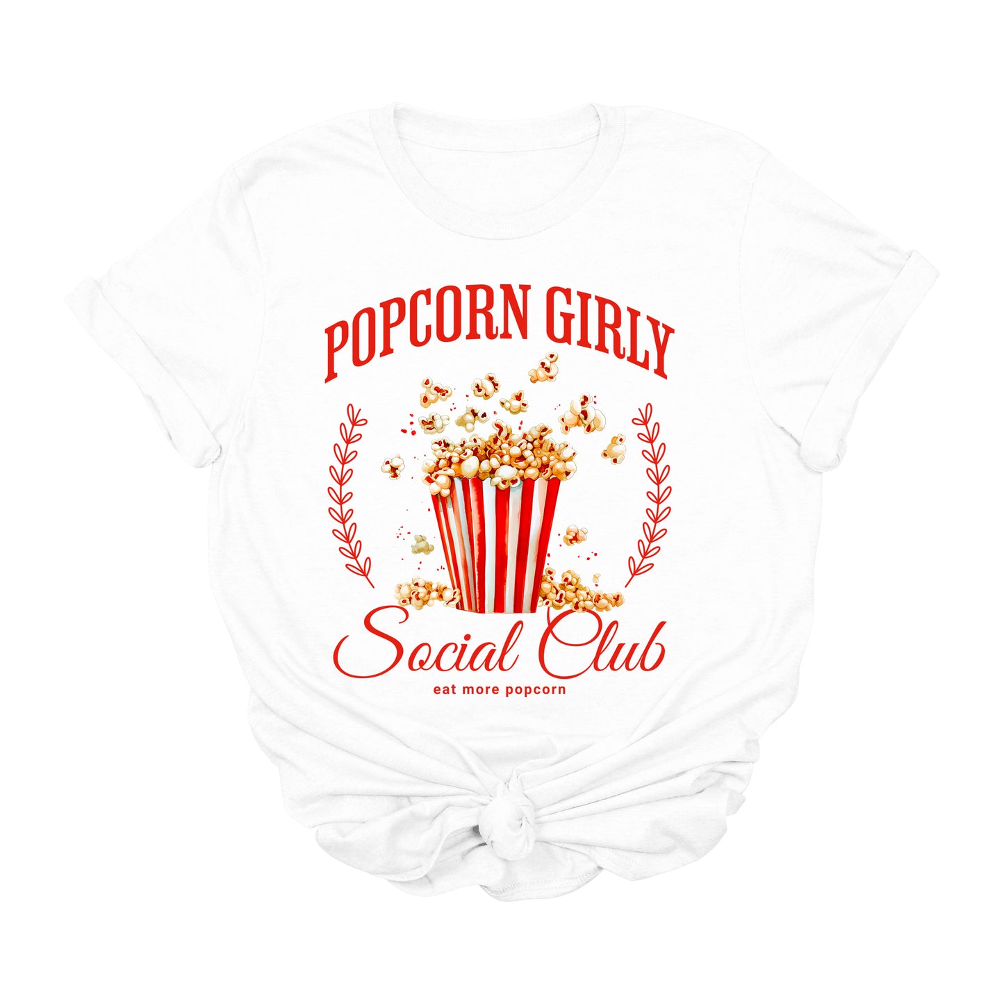 Popcorn Girly Graphic T-Shirt | Movie Night Social Club Tee | Cute Snack Lover Shirt | Retro Cinema Graphic Tee for Women | Funny Popcorn Aesthetic T-Shirt | Cozy Film Night Gift Shirt