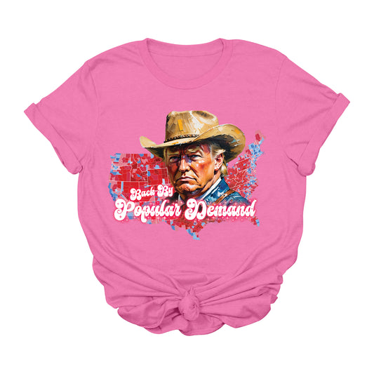 Trump Back By Popular Demand T-Shirt | Western Red Map Graphic Tee | Cowboy Trump 45 47 Shirt | Patriotic Political Apparel | Conservative USA Tee