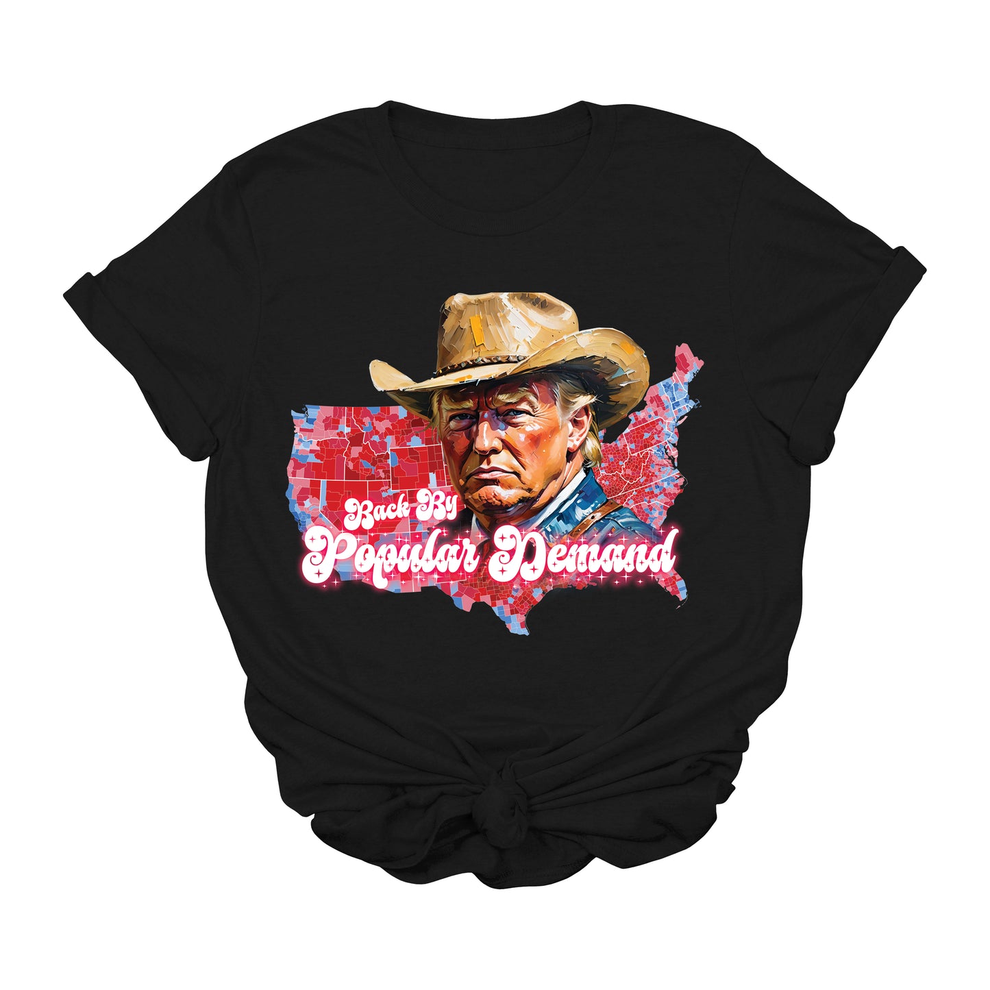 Trump Back By Popular Demand T-Shirt | Western Red Map Graphic Tee | Cowboy Trump 45 47 Shirt | Patriotic Political Apparel | Conservative USA Tee