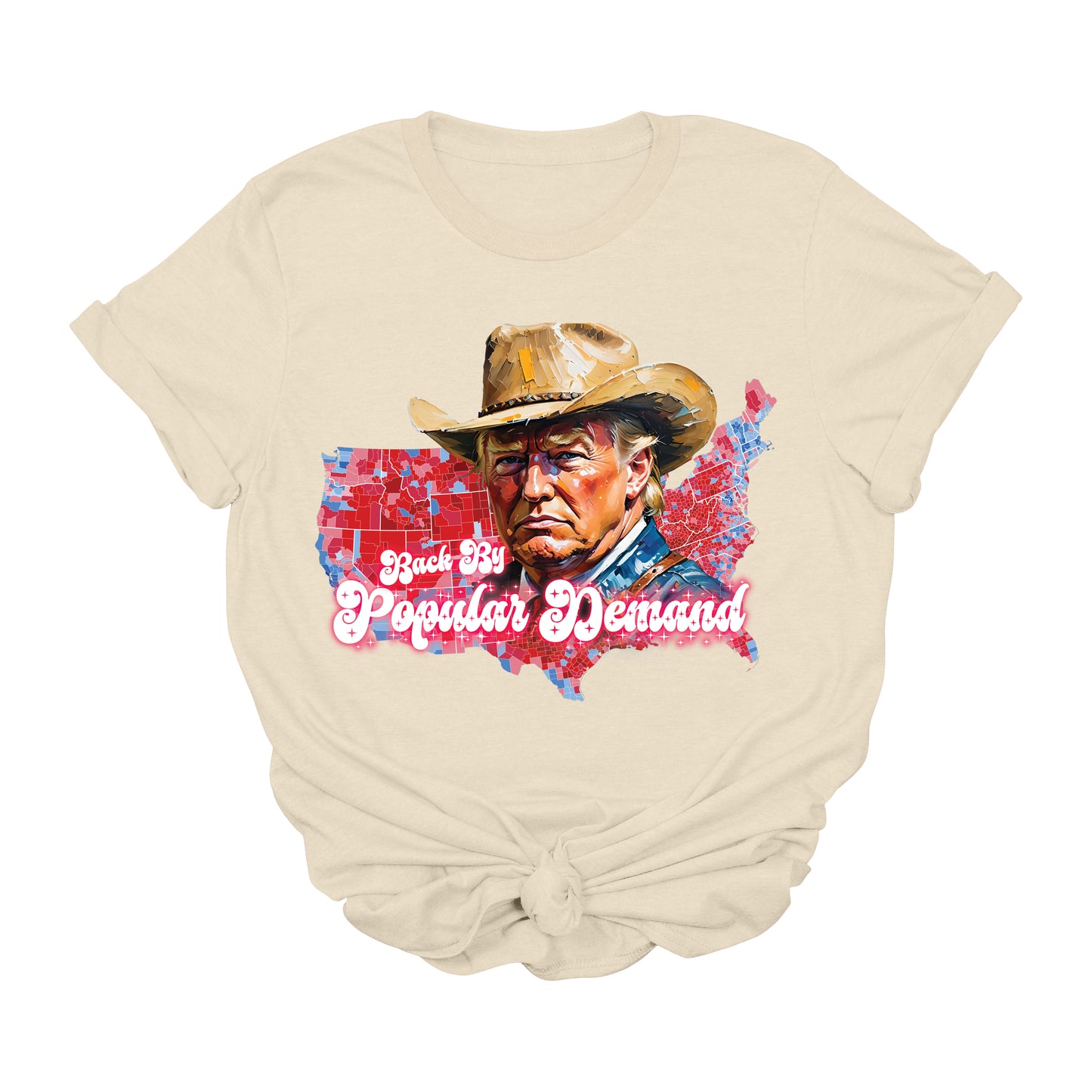 Trump Back By Popular Demand T-Shirt | Western Red Map Graphic Tee | Cowboy Trump 45 47 Shirt | Patriotic Political Apparel | Conservative USA Tee