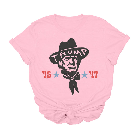 Trump Cowboy 45 & 47 Graphic T-Shirt | Western Conservative Tee | Country Western Trump Shirt | 2024 Election Patriotic Tee | USA Political Shirt