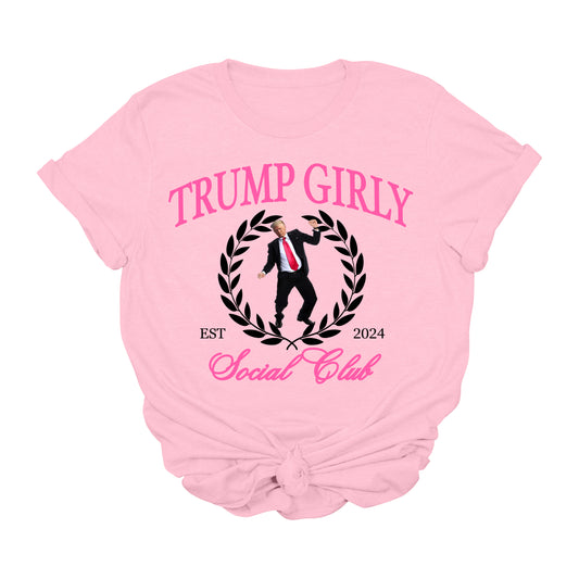 Trump Girly Social Club Graphic T-Shirt – Cute Pink Conservative Western Tee – Pro Trump Funny Tee – 45 47 Trump Supporter Shirt – Unisex USA MAGA Top
