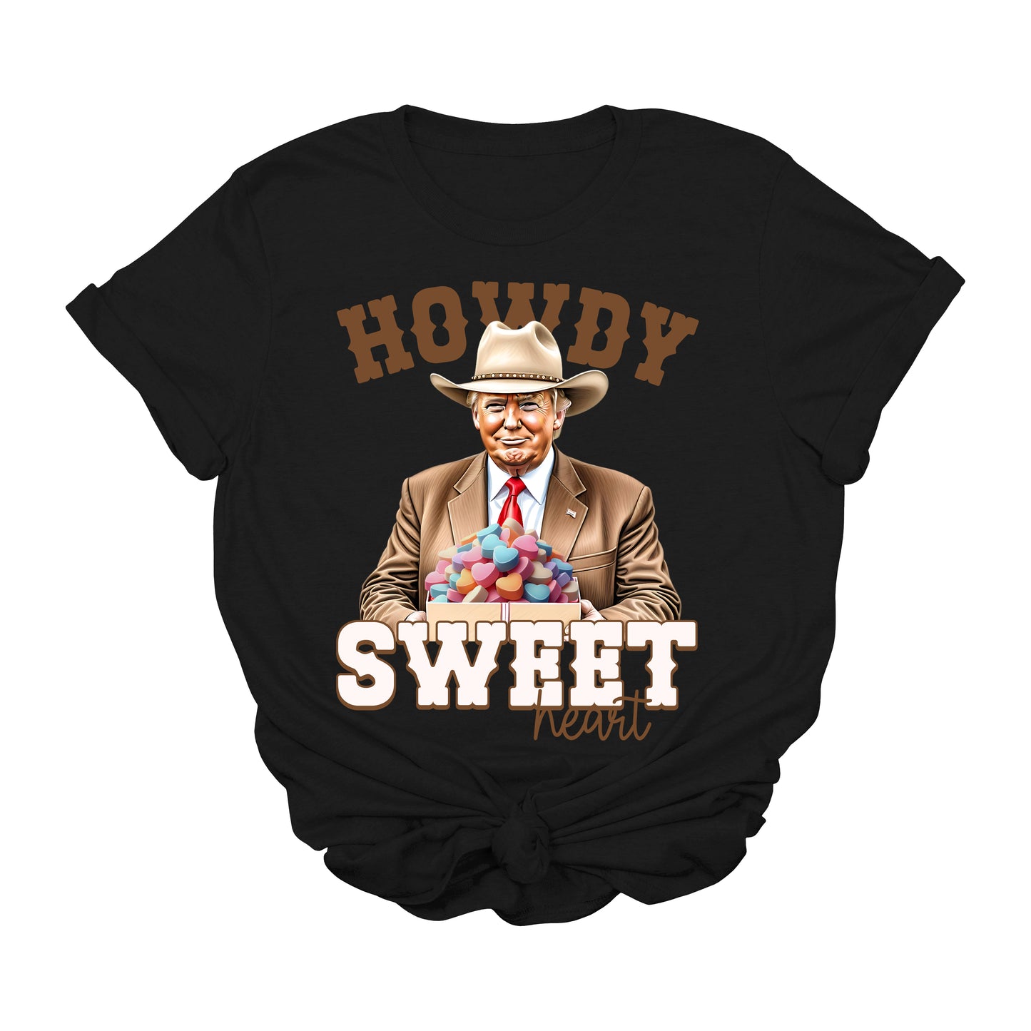 Howdy Sweetheart Trump T-Shirt | Funny Valentine’s Day Cowboy MAGA Graphic Tee | Conservative Western 2025 USA Shirt | Patriotic Heart Candy Tee