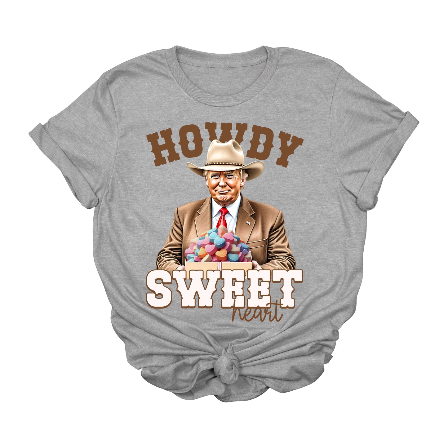 Howdy Sweetheart Trump T-Shirt | Funny Valentine’s Day Cowboy MAGA Graphic Tee | Conservative Western 2025 USA Shirt | Patriotic Heart Candy Tee