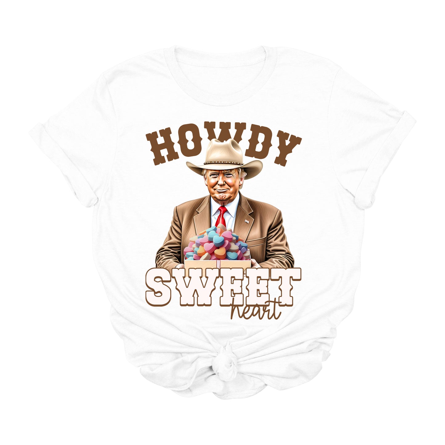 Howdy Sweetheart Trump T-Shirt | Funny Valentine’s Day Cowboy MAGA Graphic Tee | Conservative Western 2025 USA Shirt | Patriotic Heart Candy Tee