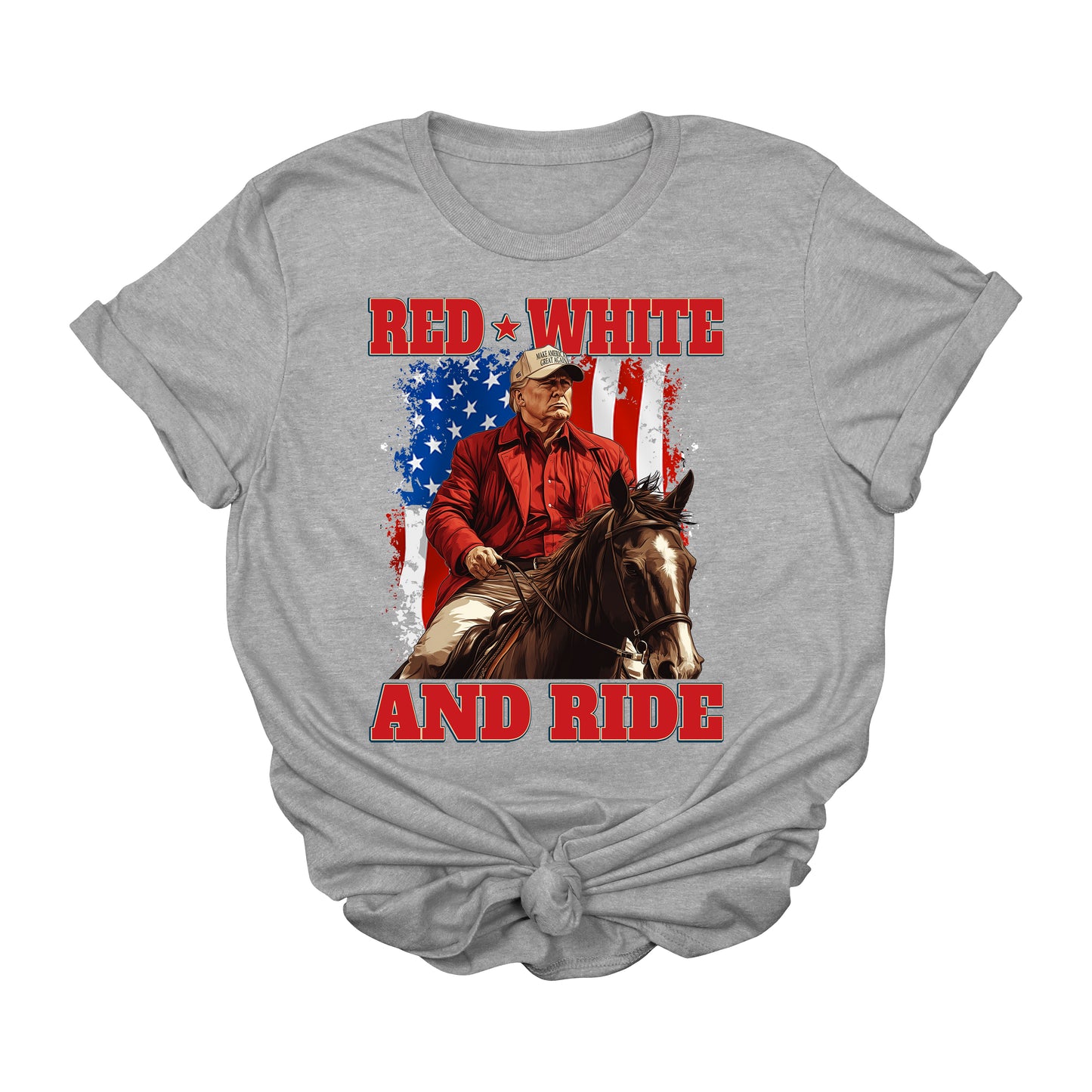 Red White and Ride Trump Horse Graphic Tee | Patriotic Western Cowboy T-Shirt