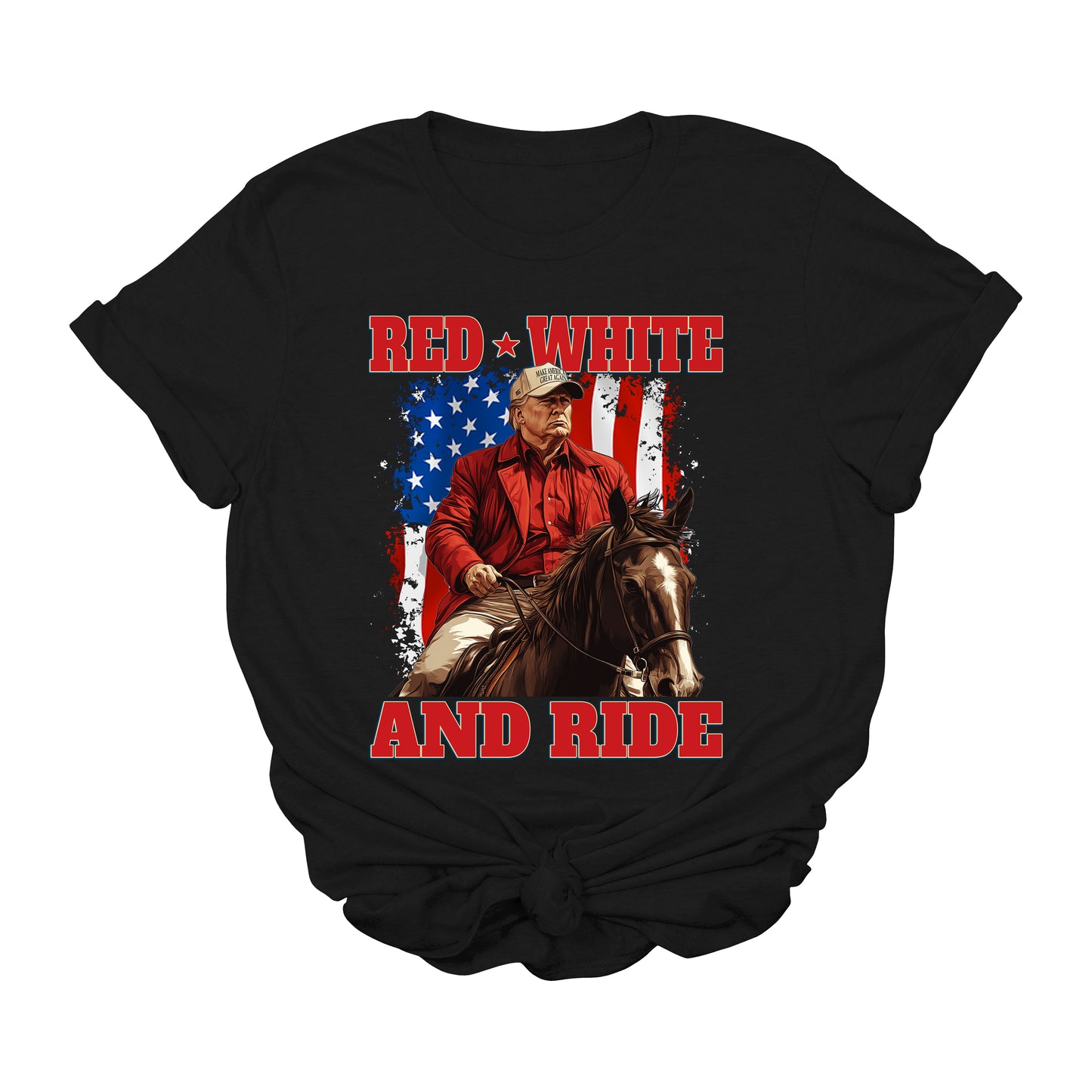 Red White and Ride Trump Horse Graphic Tee | Patriotic Western Cowboy T-Shirt
