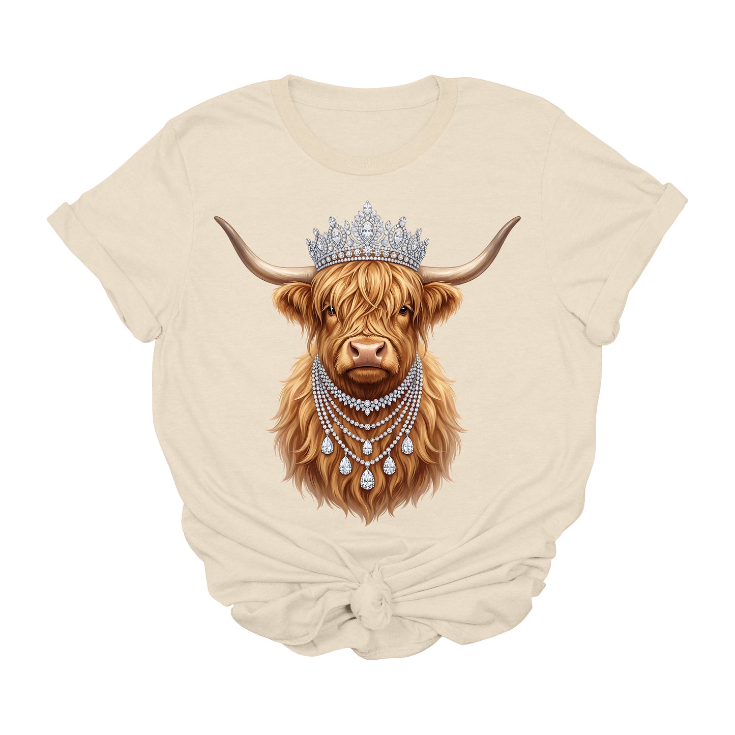 Highland Cow Graphic Tee | Western Cowgirl Shirt with Crown & Rhinestone Necklace