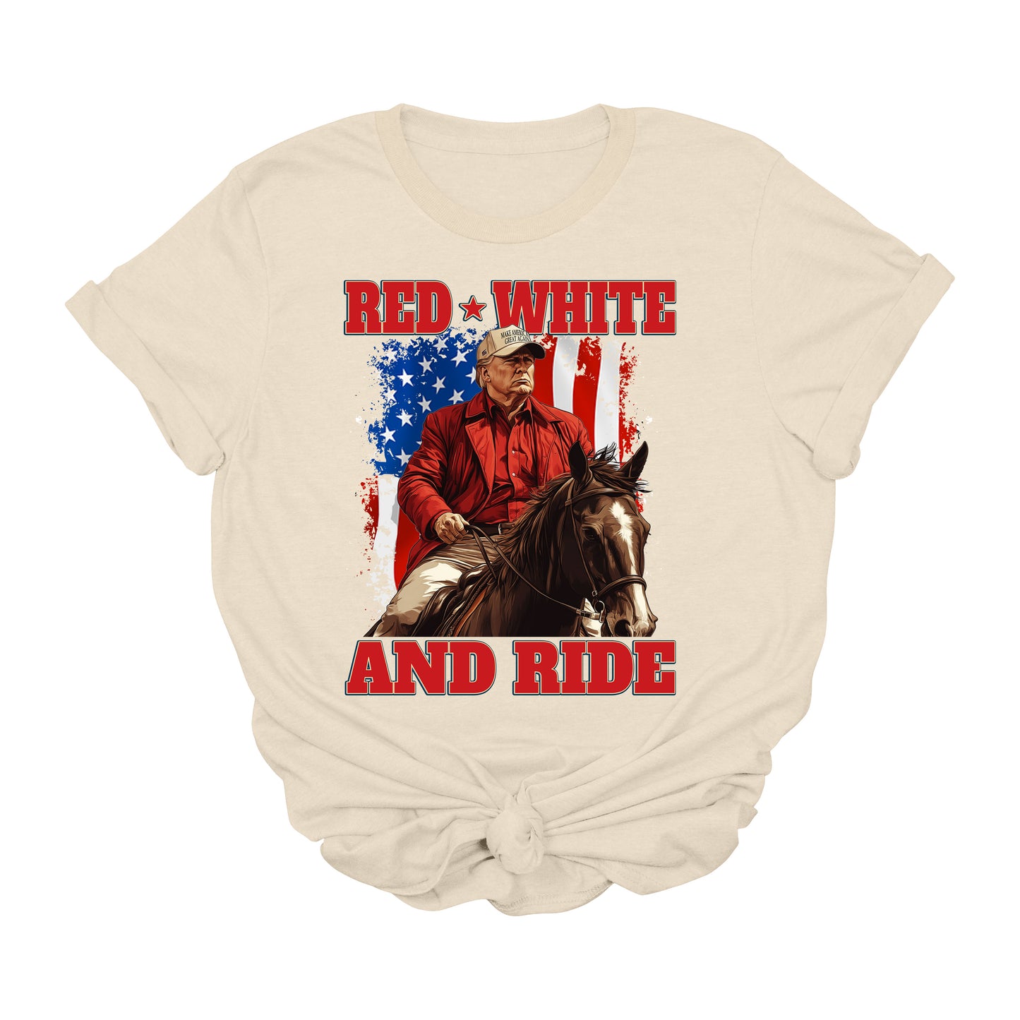 Red White and Ride Trump Horse Graphic Tee | Patriotic Western Cowboy T-Shirt