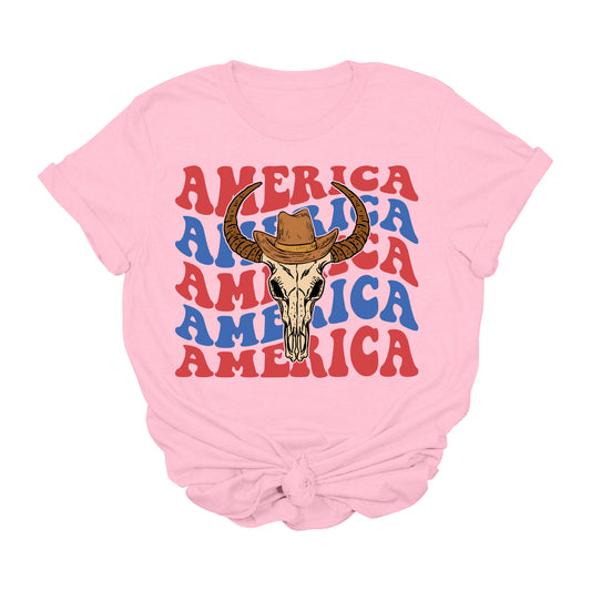Retro America Cow Skull Graphic Tee – Western Patriotic 4th of July Shirt